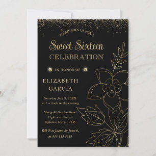 Elegantes Schwarz-Gold-Botanical Sweet Sixteen Einladung