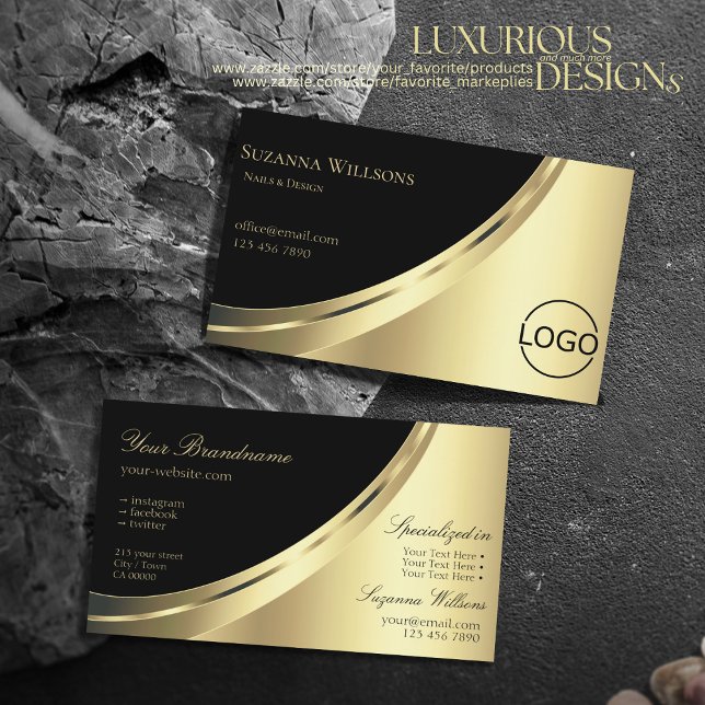 Elegantes Schwarz-Gold-Dekor mit luxuriösen Logos Visitenkarte (Von Creator hochgeladen)