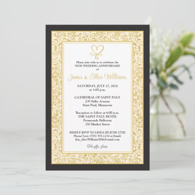 Elegantes Schwarz, Gold Filigree, Herzensjubiläum (Stehend Vorderseite)