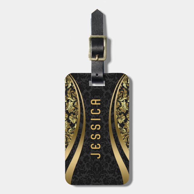 Elegantes Schwarz-Gold-Floral-Damaskus-Muster Gepäckanhänger (Vorderseite vertikal)