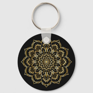 Elegantes Schwarz-Gold-Floral Mandala Muster Schlüsselanhänger