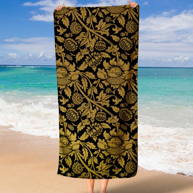 Elegantes Schwarz-Gold-Floral-Muster Strandtuch (Elegant Black and Gold Floral and Leaf Pattern Beach Towel)