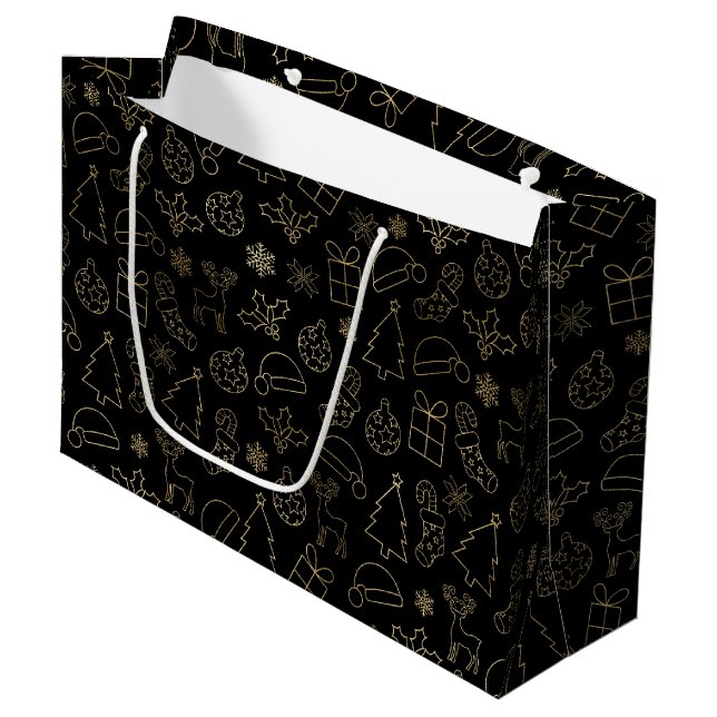 Elegantes Schwarz-Gold Foil Weihnachtsmuster Große Geschenktüte (Vorderseite Schrägansicht)