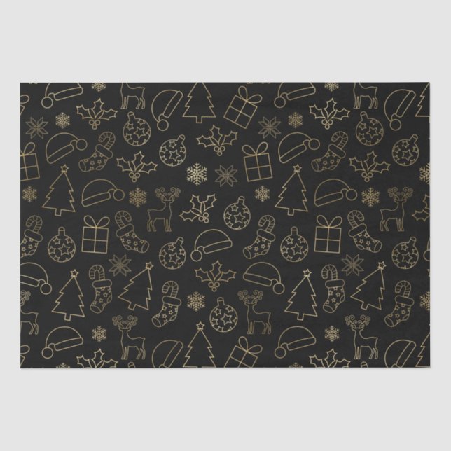 Elegantes Schwarz-Gold Foil Weihnachtsmuster Seidenpapier (Vorderseite)