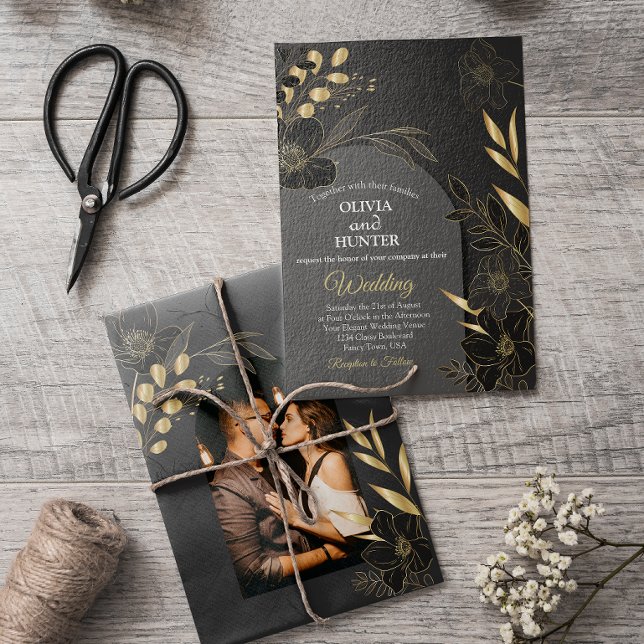 Elegantes Schwarz-Gold-Foto-Hochzeit Folieneinladung (Von Creator hochgeladen)