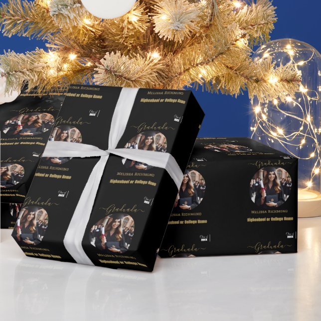 Elegantes Schwarz-Gold Foto Spanisch Graduiert Geschenkpapier (Feiertage)