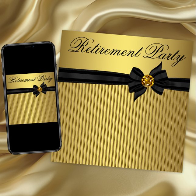Elegantes Schwarz-Gold-Frauen-Rente-Party Einladung (Elegant any event invitation. Instant download and printed invitations available.)