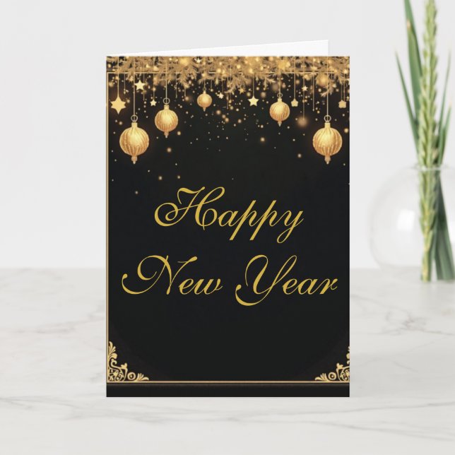 Elegantes Schwarz & Gold Frohes Neues Jahr Karte (Vorderseite)