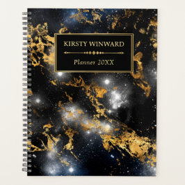 Elegantes Schwarz-Gold-Galaxy-Marmor-Monogramm Planer