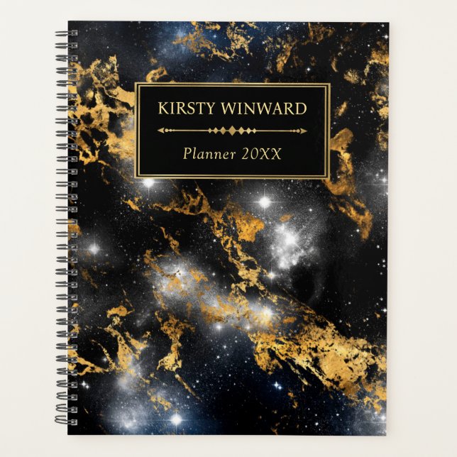 Elegantes Schwarz-Gold-Galaxy-Marmor-Monogramm Planer (Vorderseite)