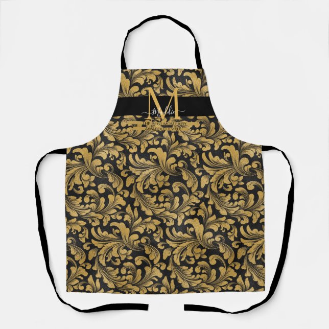 Elegantes Schwarz-Gold-Glam-Monogramm Schürze (Vorderseite)