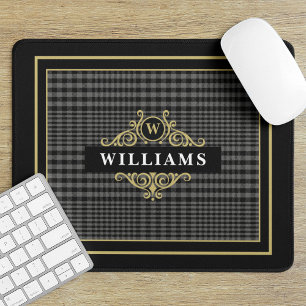 Elegantes Schwarz-Gold-Glenkaromuster mit Monogram Mousepad