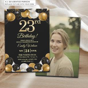 Elegantes Schwarz-Gold-Glitter 23. Geburtstagsfoto Einladung