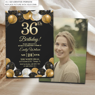 Elegantes Schwarz-Gold-Glitter 36. Geburtstagsfoto Einladung