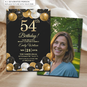 Elegantes Schwarz-Gold-Glitter 54. Geburtstagsfoto Einladung