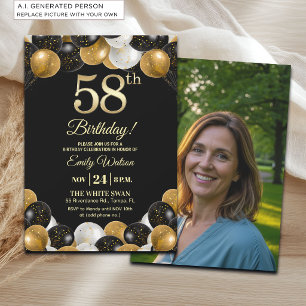 Elegantes Schwarz-Gold-Glitter 58. Geburtstagsfoto Einladung