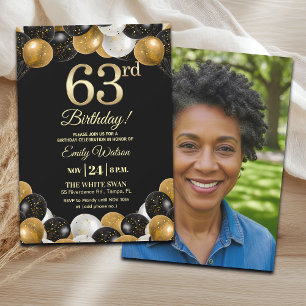 Elegantes Schwarz-Gold-Glitter 63. Geburtstagsfoto Einladung