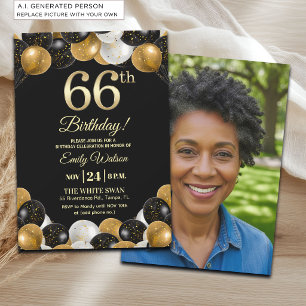 Elegantes Schwarz-Gold-Glitter 66. Geburtstagsfoto Einladung