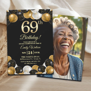 Elegantes Schwarz-Gold-Glitter 69. Geburtstagsfoto Einladung