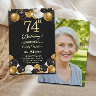 Elegantes Schwarz-Gold-Glitter 74. Geburtstagsfoto Einladung