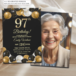 Elegantes Schwarz-Gold-Glitter 97. Geburtstagsfoto Einladung