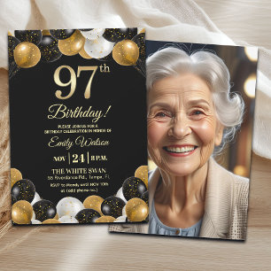Elegantes Schwarz-Gold-Glitter 97. Geburtstagsfoto Einladung