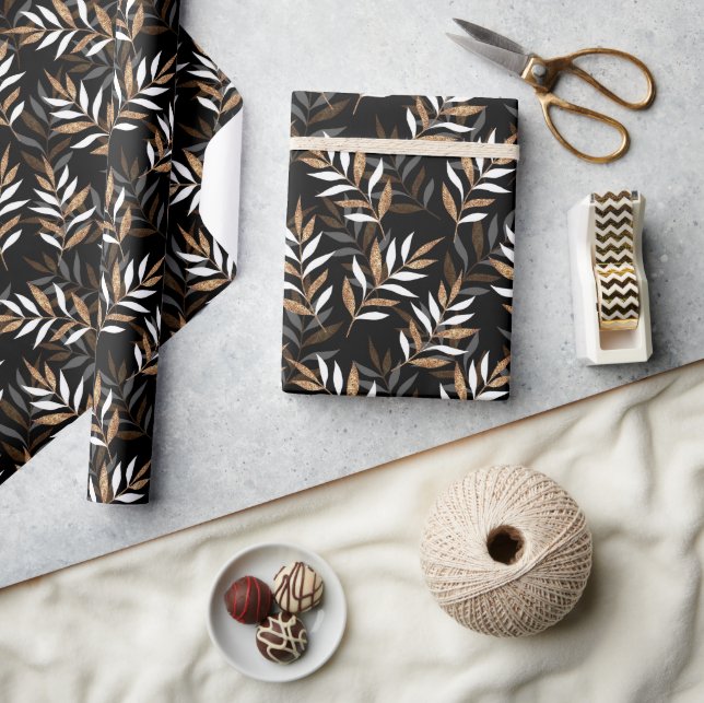 Elegantes Schwarz-Gold-Glitzer-Blätter-Muster Geschenkpapier (Kunsthandwerk)