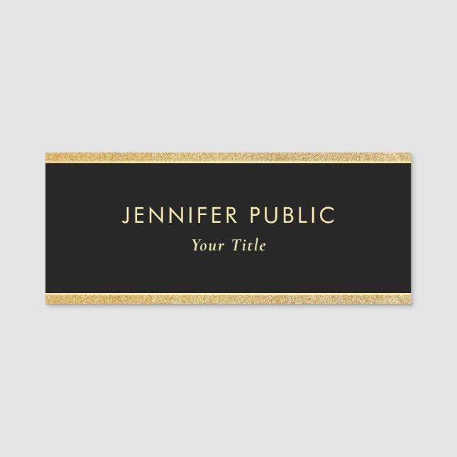 Elegantes Schwarz-Gold-Glitzer-Custom-Rectangle Namensschild (Vorderseite)