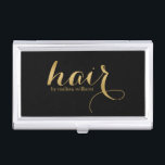 Elegantes Schwarz-Gold-Haar-Design Visitenkarten Dose<br><div class="desc">Eleganter schwarzer Hintergrund und goldene Farbtöne Hair Text Design. Anpassbarer Name für Haarstylist.</div>