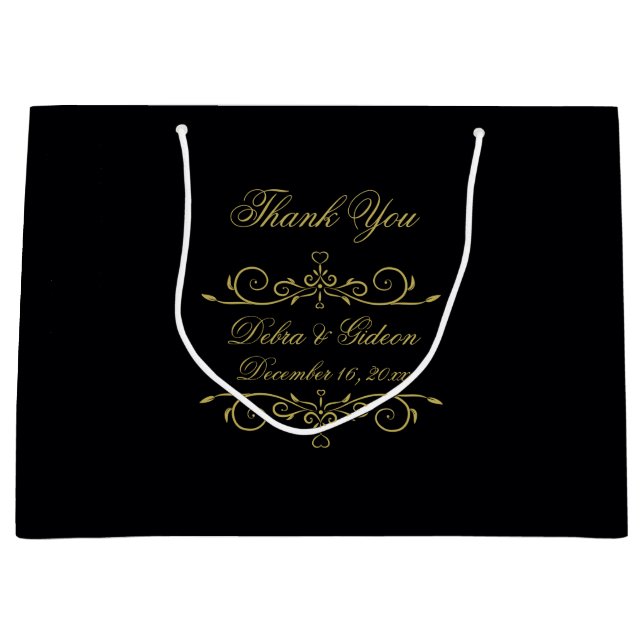 Elegantes Schwarz-Gold-Herz Blüh Danke Große Geschenktüte (Vorderseite)