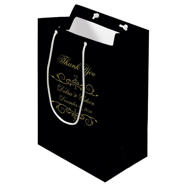 Elegantes Schwarz-Gold-Herz Blüh Danke Mittlere Geschenktüte (Vorderseite Schrägansicht)