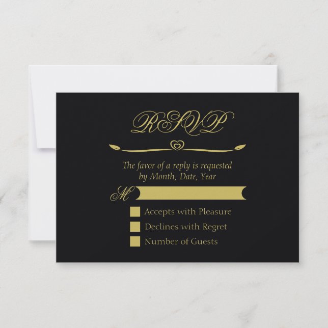 Elegantes Schwarz-Gold-Herz-Blüh Hochzeit RSVP Karte (Vorderseite)