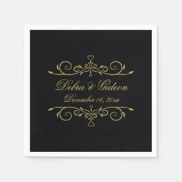Elegantes Schwarz-Gold-Herz-Blüh Hochzeit Serviette