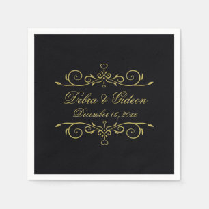 Elegantes Schwarz-Gold-Herz-Blüh Hochzeit Serviette