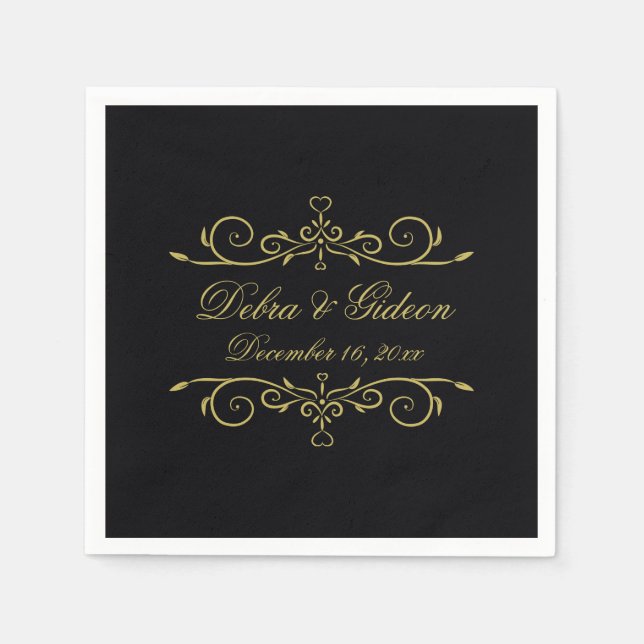 Elegantes Schwarz-Gold-Herz-Blüh Hochzeit Serviette (Vorderseite)