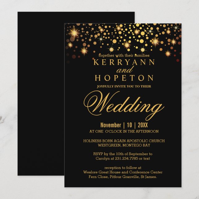 Elegantes Schwarz-Gold-Imitat Foil Dots Einladung (Vorne/Hinten)