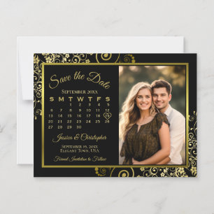 Elegantes Schwarz & Gold Kalender Foto Termin Merk Magneteinladung