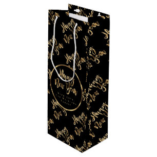 Elegantes Schwarz-Gold-Look-Script glücklich Neue Geschenktüte Für Weinflaschen