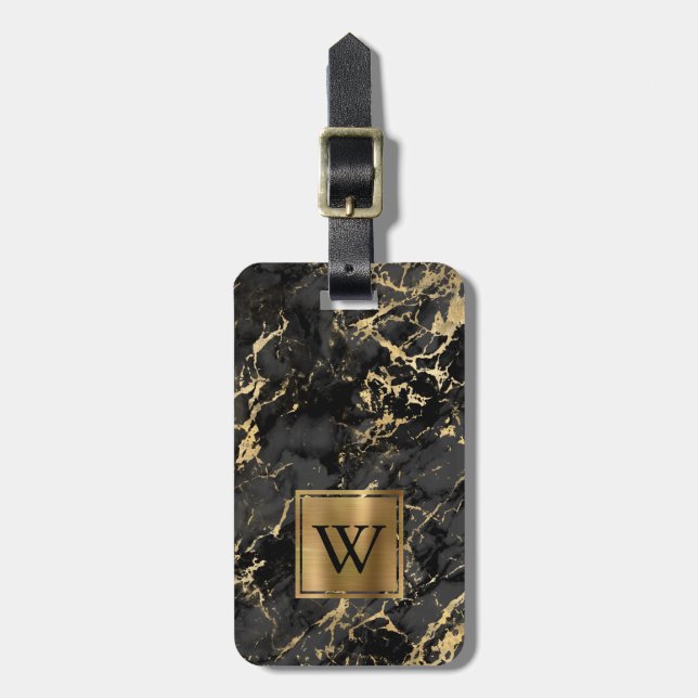 Elegantes Schwarz-Gold-Marmor-Monogramm Vertikal Gepäckanhänger (Vorderseite vertikal)