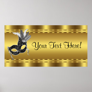 Elegantes Schwarz-Gold-Masquerade-Party-Banner Poster