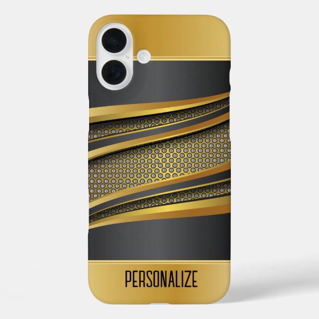Elegantes Schwarz-Gold-Metallmeshdesign iPhone 16 Plus Hülle (Rückseite)