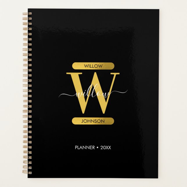 Elegantes Schwarz & Gold Monogram modern Planer (Vorderseite)