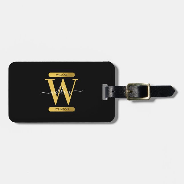 Elegantes Schwarz & Gold Monogram Modernes Skript Gepäckanhänger (Vorderseite horizontal)