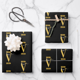 Elegantes Schwarz & Gold Monogram Modernes Skript Geschenkpapier Set