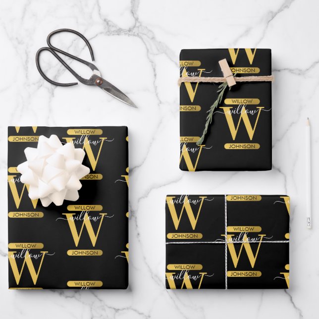 Elegantes Schwarz & Gold Monogram Modernes Skript Geschenkpapier Set (Vorderseite)