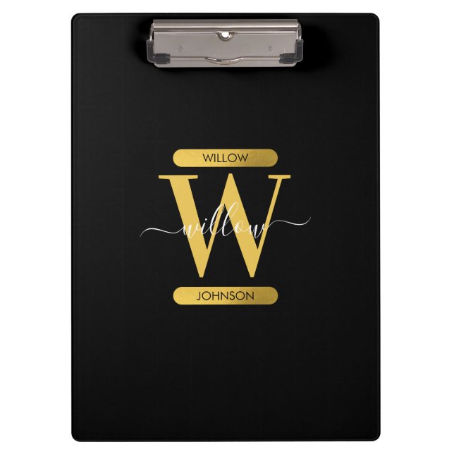 Elegantes Schwarz & Gold Monogram Modernes Skript Klemmbrett (Vorderseite)