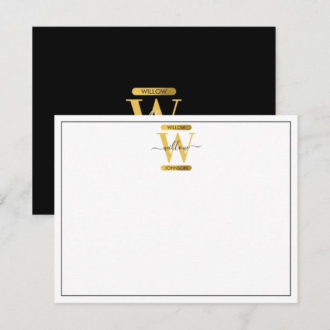 Elegantes Schwarz & Gold Monogram Modernes Skript Mitteilungskarte (Vorne/Hinten)