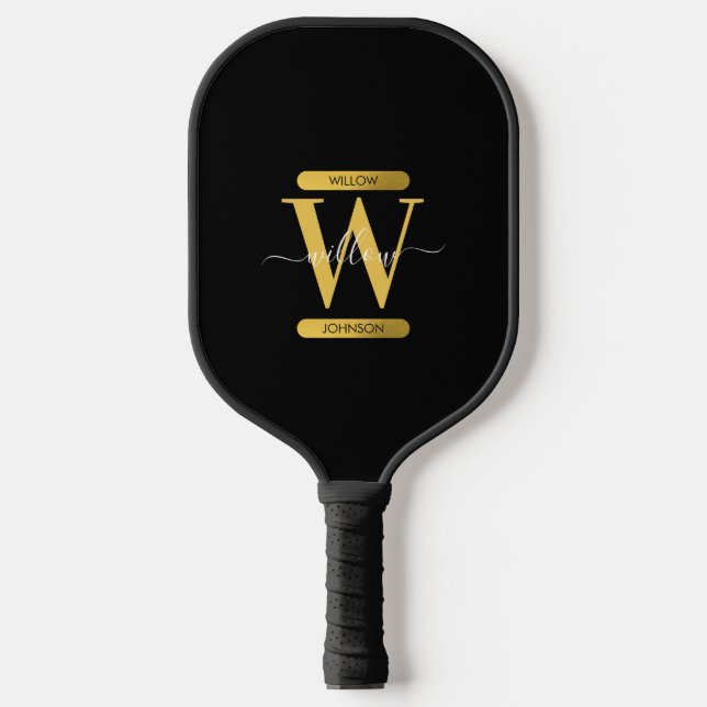 Elegantes Schwarz & Gold Monogram Modernes Skript Pickleball Schläger (Vorderseite)