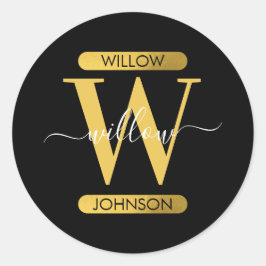 Elegantes Schwarz & Gold Monogram Modernes Skript Runder Aufkleber