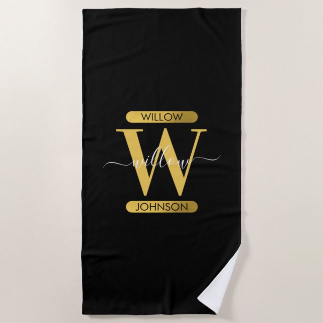 Elegantes Schwarz & Gold Monogram Modernes Skript Strandtuch (Vorderseite)
